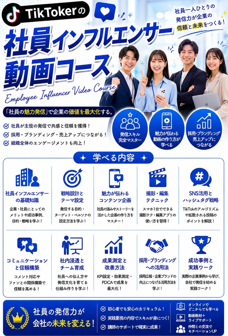TikTokerの社員インフルエンサー動画コース Employee Influencer Video Course 社員一人ひとりの発信力が企業の信頼と未来をつくる！「社員の魅力発信」で企業の価値を最大化する。 学べる内容：社員インフルエンサーの基礎知識／戦略設計とテーマ設定／魅力が伝わるコンテンツ企画／撮影・編集テクニック／SNS活用とハッシュタグ戦略／コミュニケーションと信頼構築／社内浸透とチーム育成／成果測定と改善方法／採用・ブランディングへの活用法／成功事例と実践ワーク 社員の発信力が会社の未来を変える！