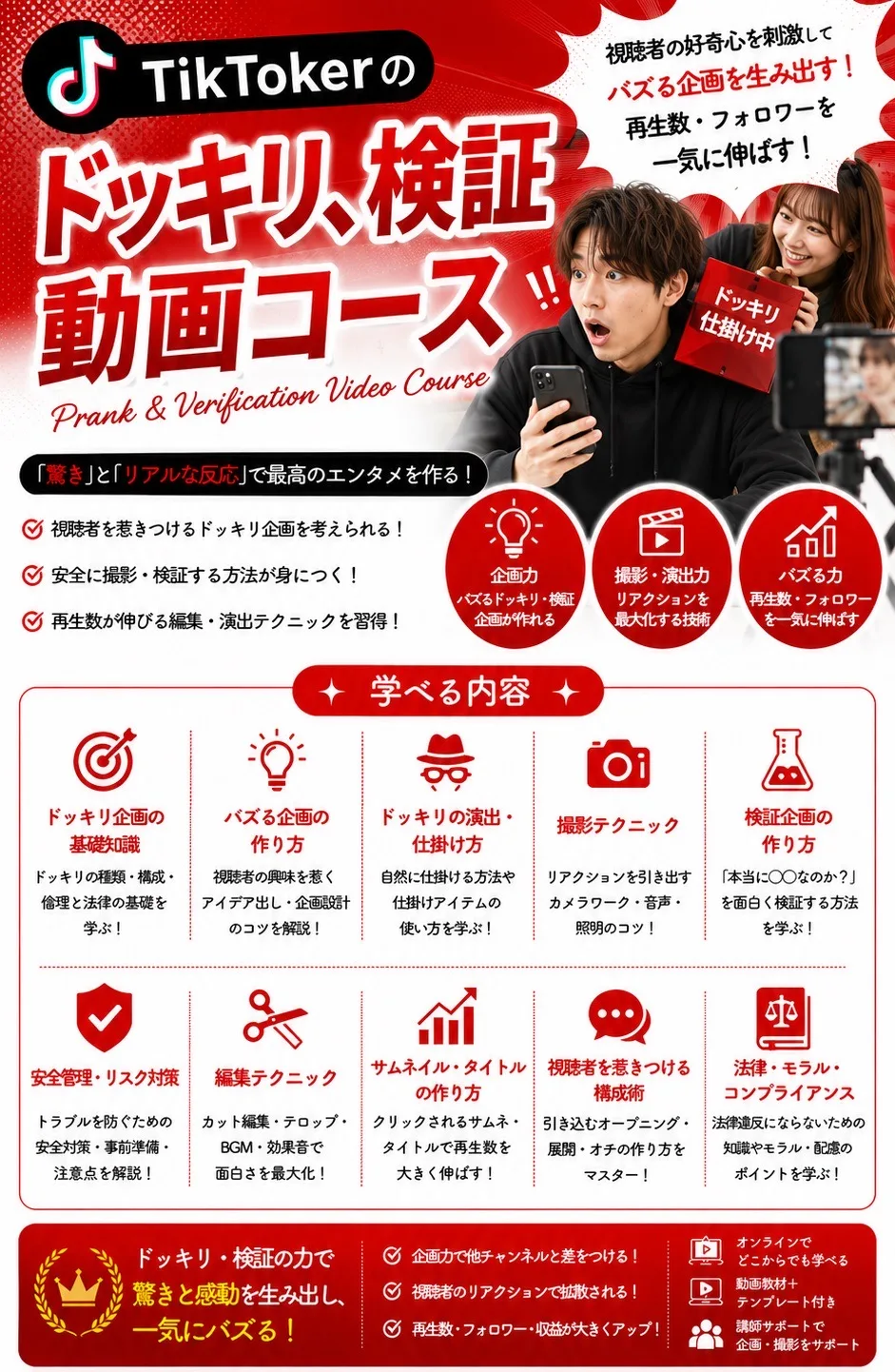 TikTokerのドッキリ、検証動画コース Prank & Verification Video Course 視聴者の好奇心を刺激してバズる企画を生み出す！「驚き」と「リアルな反応」で最高のエンタメを作る！ 学べる内容：ドッキリ企画の基礎知識／バズる企画の作り方／ドッキリの演出・仕掛け方／撮影テクニック／検証企画の作り方／安全管理・リスク対策／編集テクニック／サムネイル・タイトルの作り方／視聴者を惹きつける構成術／法律・モラル・コンプライアンス ドッキリ・検証の力で驚きと感動を生み出し、一気にバズる！
