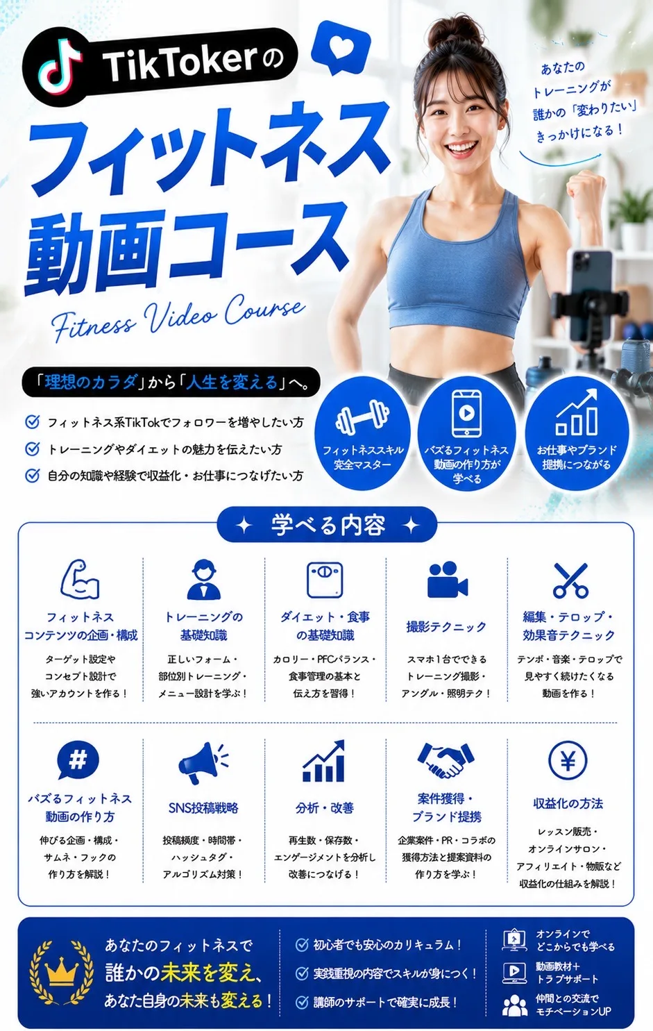 TikTokerのフィットネス動画コース Fitness Video Course あなたのトレーニングが誰かの「変わりたい」きっかけになる！「理想のカラダ」から「人生を変える」へ。フィットネス系TikTokでフォロワーを増やしたい方／トレーニングやダイエットの魅力を伝えたい方／自分の知識や経験で収益化・お仕事につなげたい方 学べる内容：フィットネスコンテンツの企画・構成／トレーニングの基礎知識／ダイエット・食事の基礎知識／撮影テクニック／編集・テロップ・効果音テクニック／バズるフィットネス動画の作り方／SNS投稿戦略／分析・改善／案件獲得・ブランド提携／収益化の方法（レッスン販売・オンラインサロン・アフィリエイト・物販など） あなたのフィットネスで誰かの未来を変え、あなた自身の未来も変える！