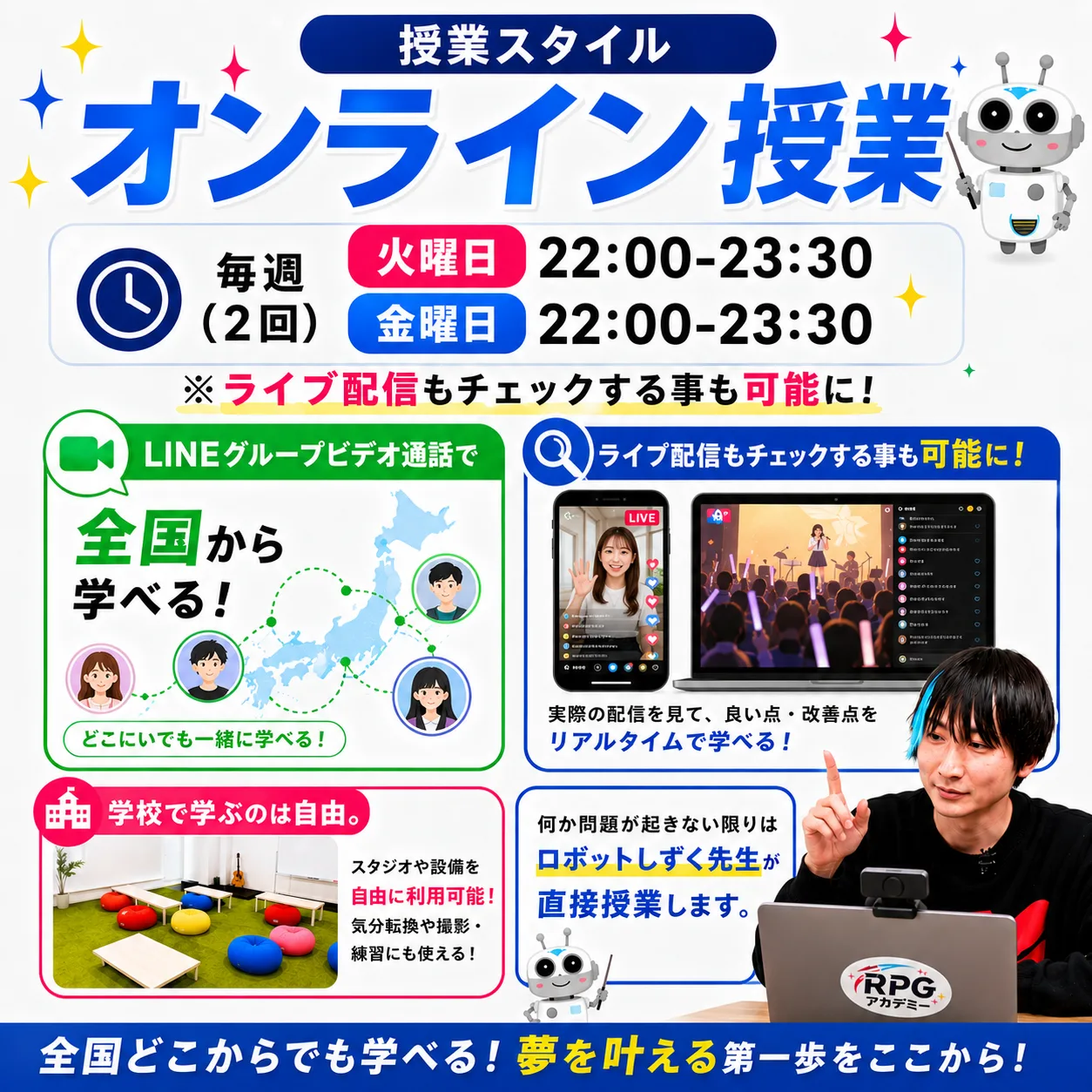 授業スタイル オンライン授業 毎週（2回）火曜日22:00-23:30／金曜日22:00-23:30 ※ライブ配信もチェックする事も可能に！ LINEグループビデオ通話で全国から学べる！ 全国どこからでも学べる！夢を叶える第一歩をここから