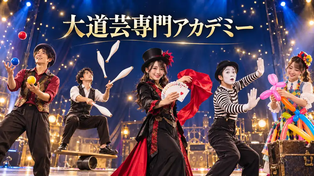 大道芸専門アカデミー。金色の照明の舞台で、ジャグリング、マジック、パントマイム、バルーンを披露するパフォーマーたち