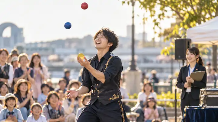 イベント会場で観客の前でジャグリングを披露するパフォーマー