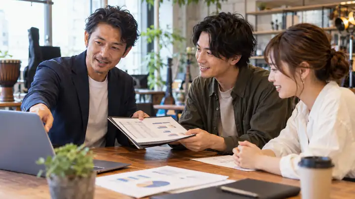 営業資料を見ながら打ち合わせをする講師と生徒