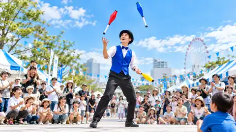 屋外でクラブを投げるジャグラー