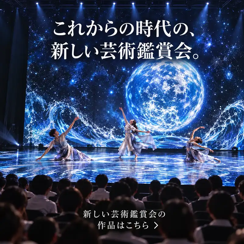 これからの時代の、新しい芸術鑑賞会。星空と月の映像演出の舞台で踊るダンサーと、客席の生徒たち