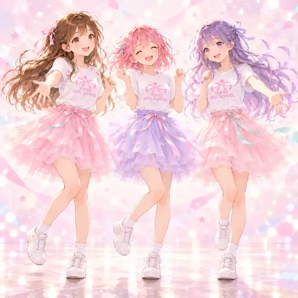 東京アイドルスクールのTシャツとパニエを着た生徒たち