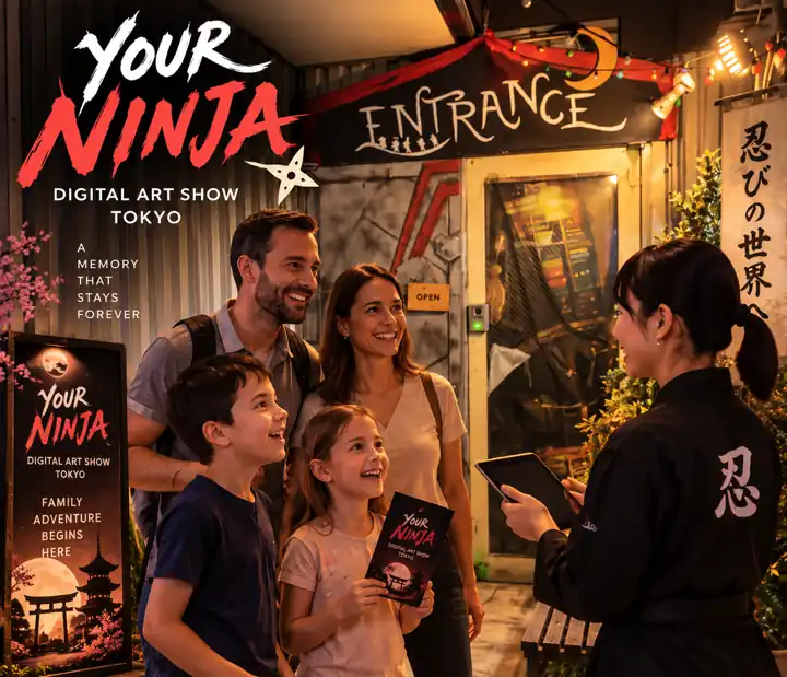 YOUR SAMURAI NINJA入口の赤い光の前で、家族がスタッフに迎えられている様子