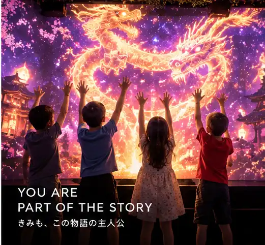 映像の竜に向かって手を上げる子どもたち